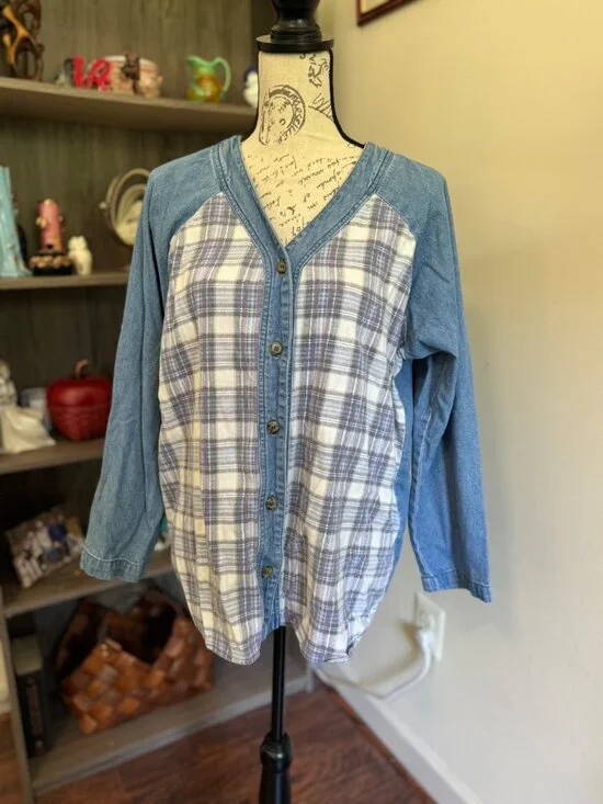 Lajate Denim & Plaid Flannel Button Down Shirt Shacket Womens Large 80s Vintage - Picture 7 of 9